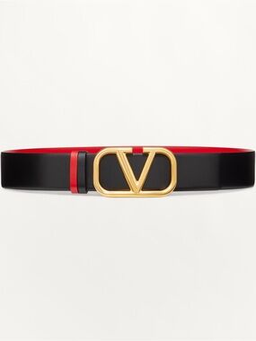 Valentino Garavani Black and Red Leather Belt with Gold V Logo Buckle
